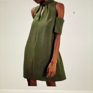 Topshop Women’s Cold Shoulder Olive Green Mock Neck Keyhole dress size 4